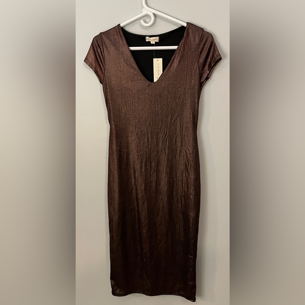 NWT See You Monday Bronze/Purple Metallic Bodycon Midi Dress Size Large
